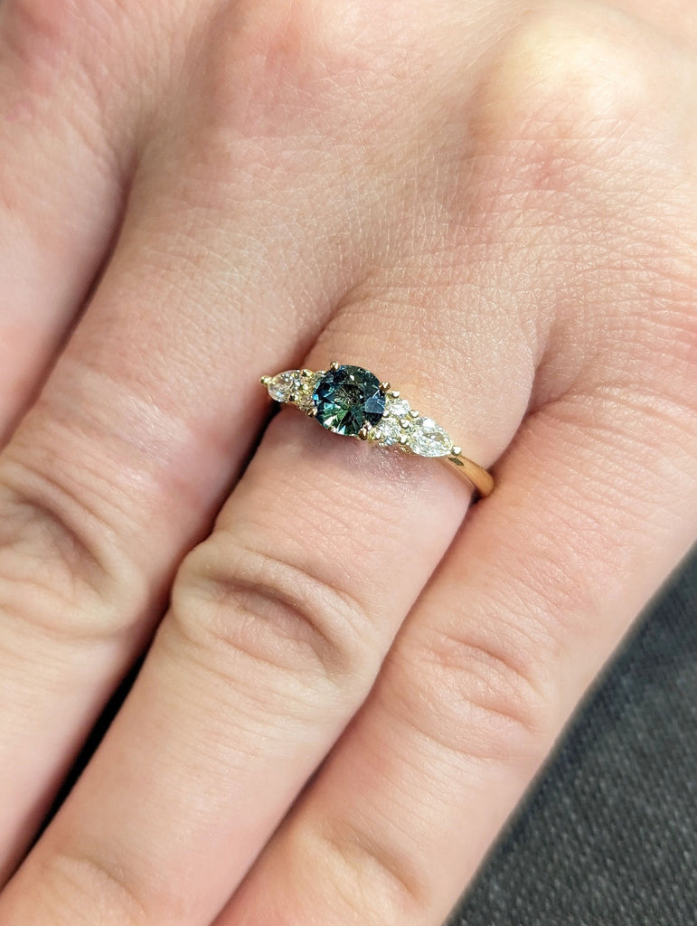 Round cut Teal Montana Sapphire Diamond Moissanite Cluster Engagement Cocktail Ring for Her 14K 18K Yellow Gold Band