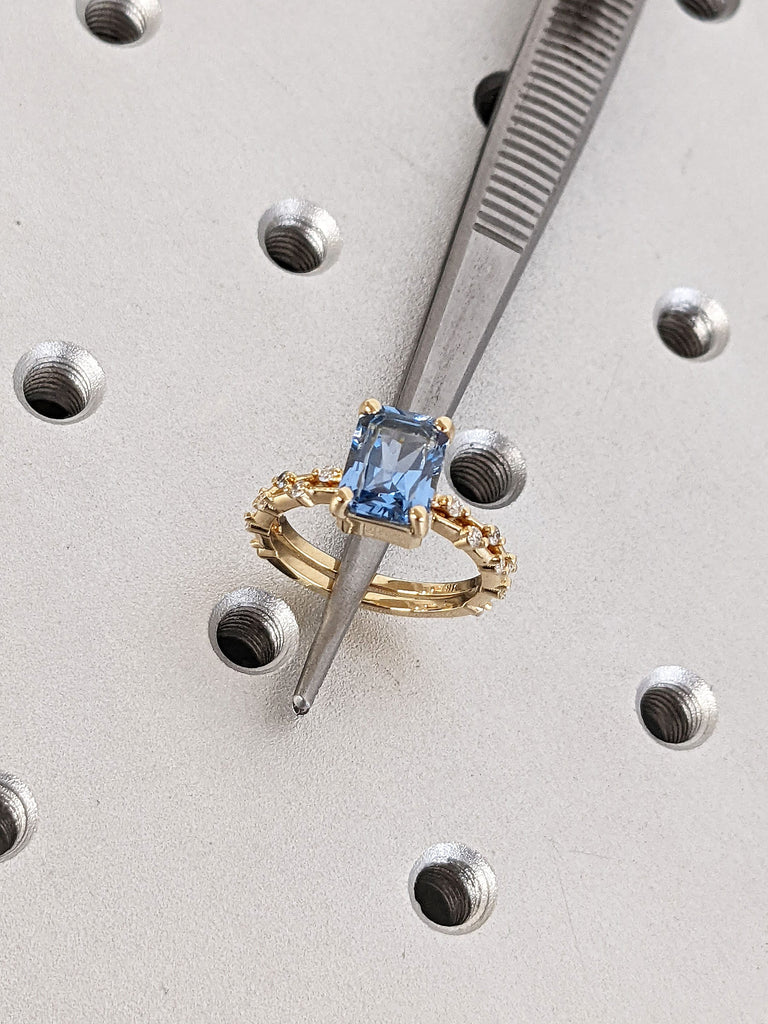 2ct Radiant cut Lab Aquamarine Floating Moissanite Proposal Ring Set 18K Yellow Gold