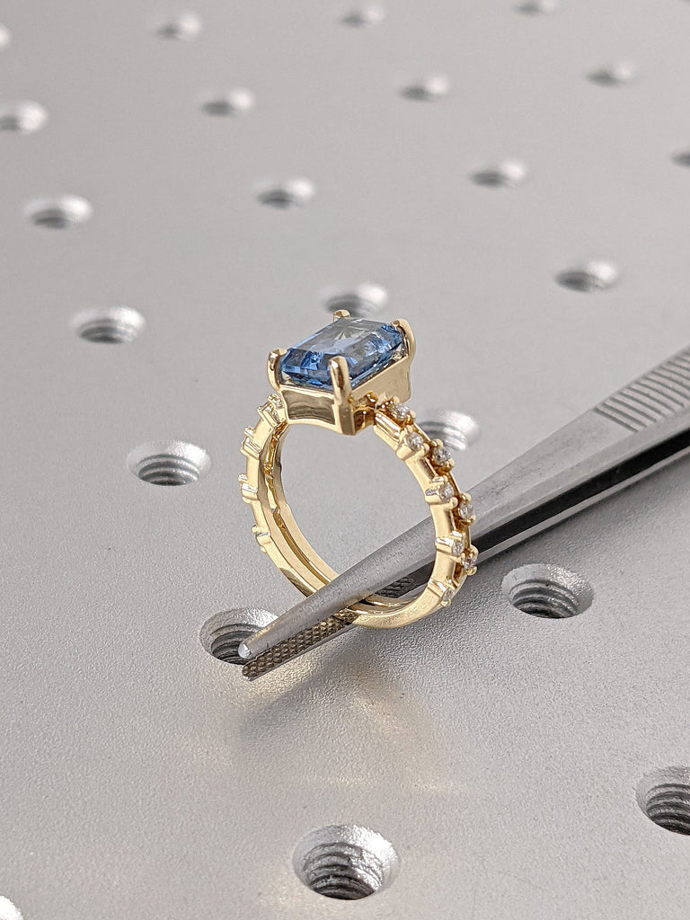 Lab Grown Aquamarine Engagement Ring Set | Yellow Gold Floating Bubble Moissanite Stacking Ring | Unique March Birthstone Cocktail Ring
