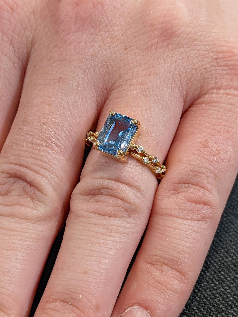 2ct Radiant cut Lab Aquamarine Floating Moissanite Engagement Ring Matching Set 18K Yellow Gold Cocktail Ring