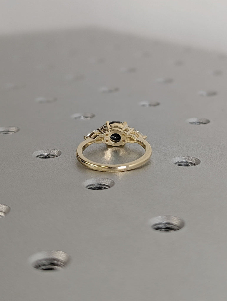 Vintage Inspired Galaxy Salt and Pepper Diamond Women Wedding Anniversary Ring | Personalized Yellow Gold East West Diamond Cluster Ring