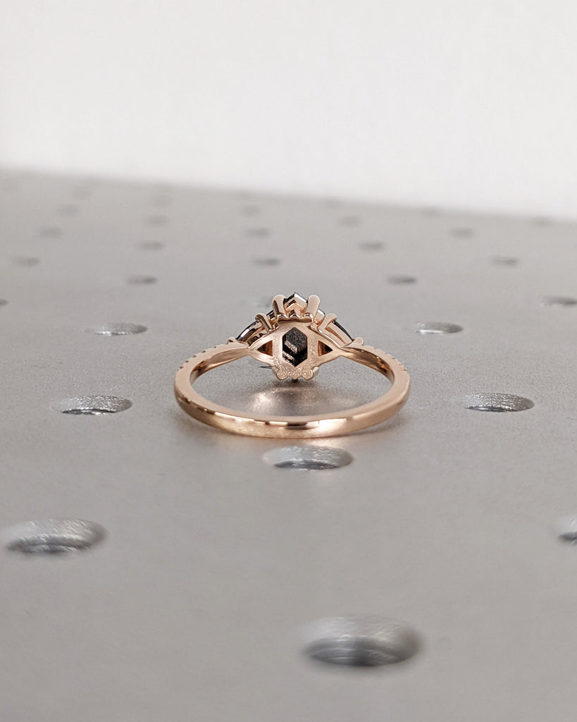 Raw Diamond Hexagon Triangle Diamond, Salt and Pepper, Unique Engagement Ring, Rose Cut Geometric Diamond Ring, 14K Gold, Custom Handmade