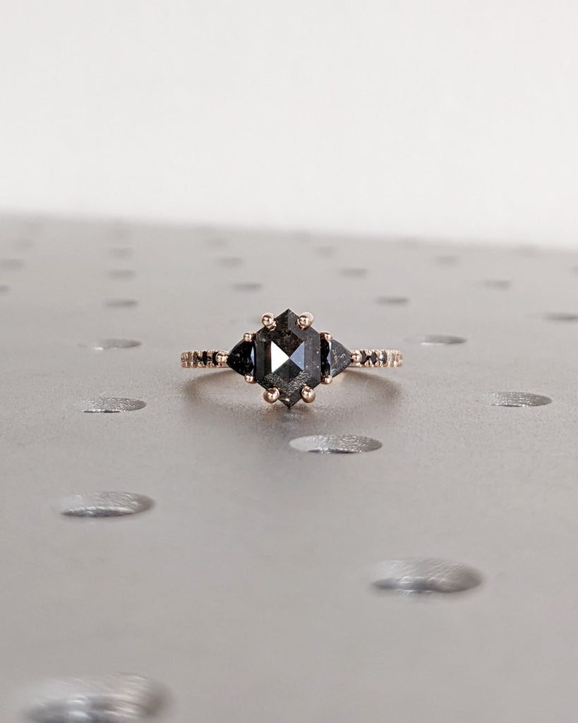 Raw Diamond Hexagon Triangle Diamond, Salt and Pepper, Unique Engagement Ring, Rose Cut Geometric Diamond Ring, 14K Gold, Custom Handmade