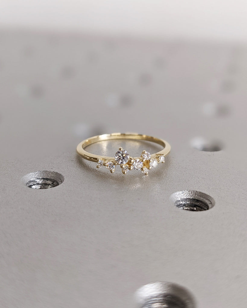 Multi Stone Wedding Band, 14K Yellow Gold Ring, Diamond Ring, Moissanite Ring, Cluster Ring, Stacking Ring, Unique Anniversary Gift For Her