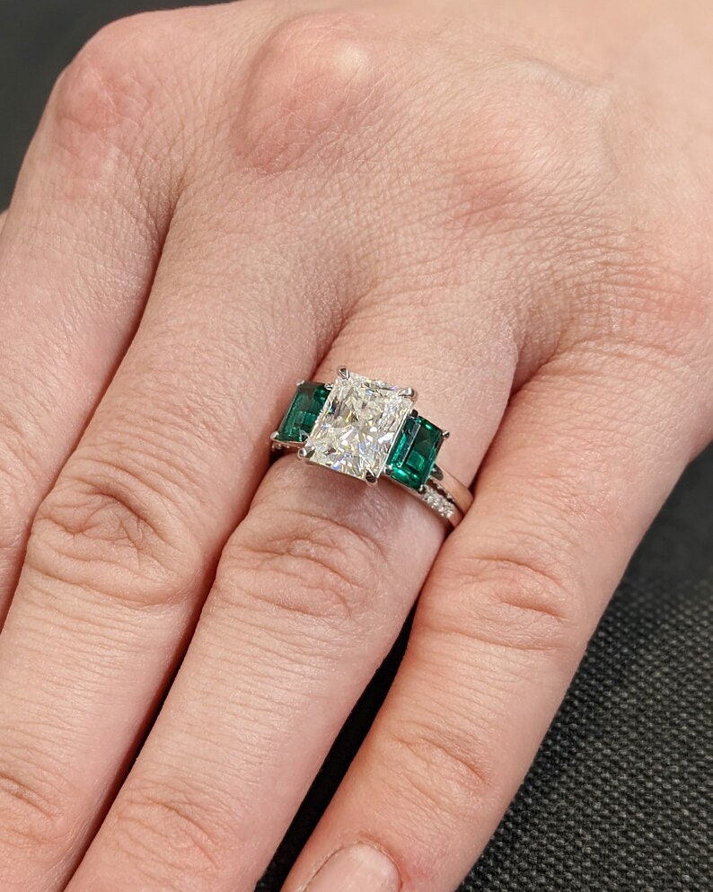 Radiant Cut Lab Made Diamond Three Stone Engagement Ring, Emerald Cut Emerald, Radiant Cut Ring, Trellis Setting, Diamond Engagement Ring