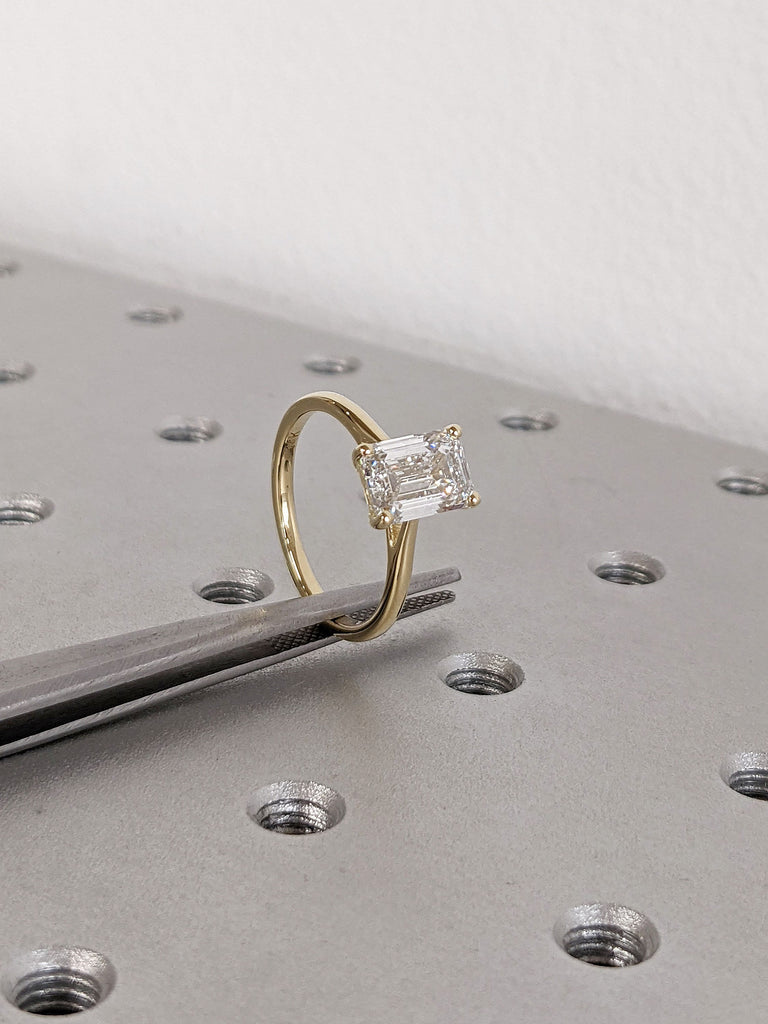 Emerald cut Moissanite Solitaire Wedding Anniversary Ring | 14K 18K Yellow Gold Band for Her | Minimalist Dainty Proposal Ring | Unique Gift