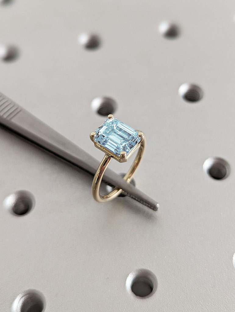 2.5ct Emerald cut Ice Blue Lab Aquamarine Solitaire 14K Yellow Gold Promise Ring Cocktail Ring for Her