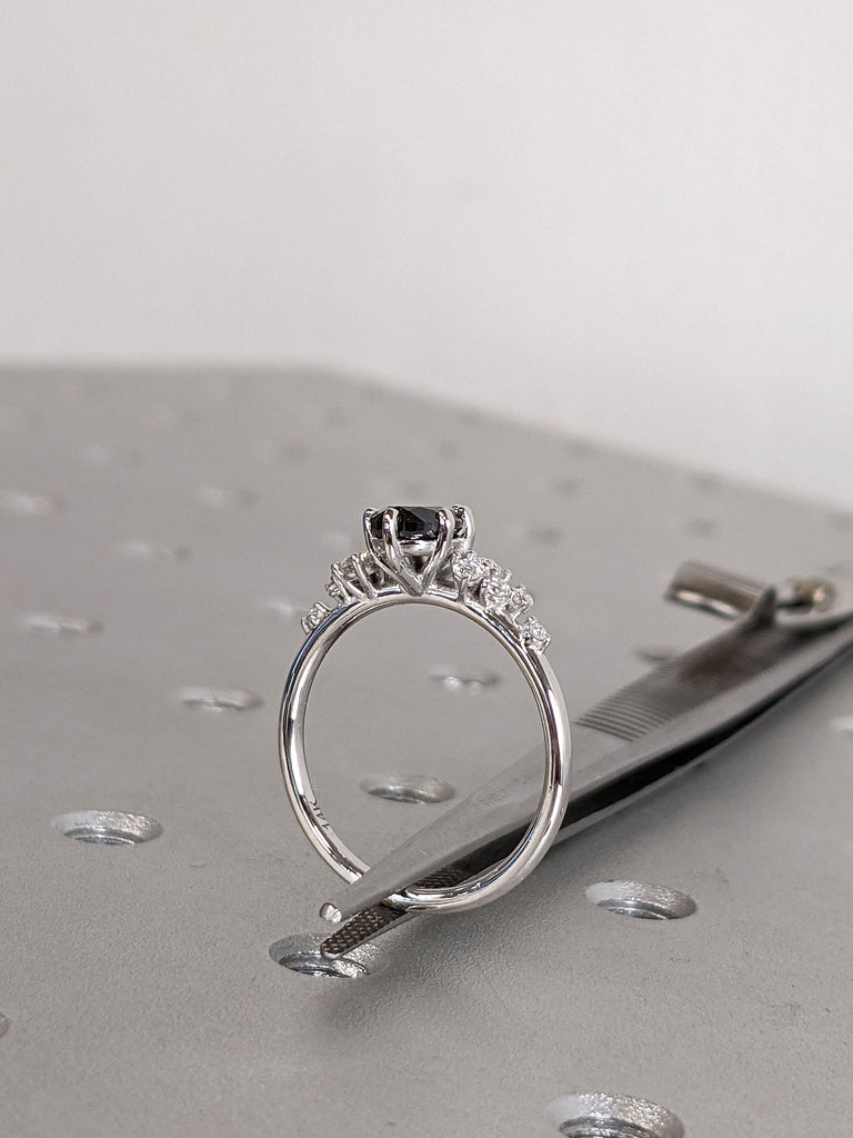 0.75ct Pear cut Salt and Pepper Diamond Engagement Ring 14K White Gold Moissanite Snowdrift Cluster