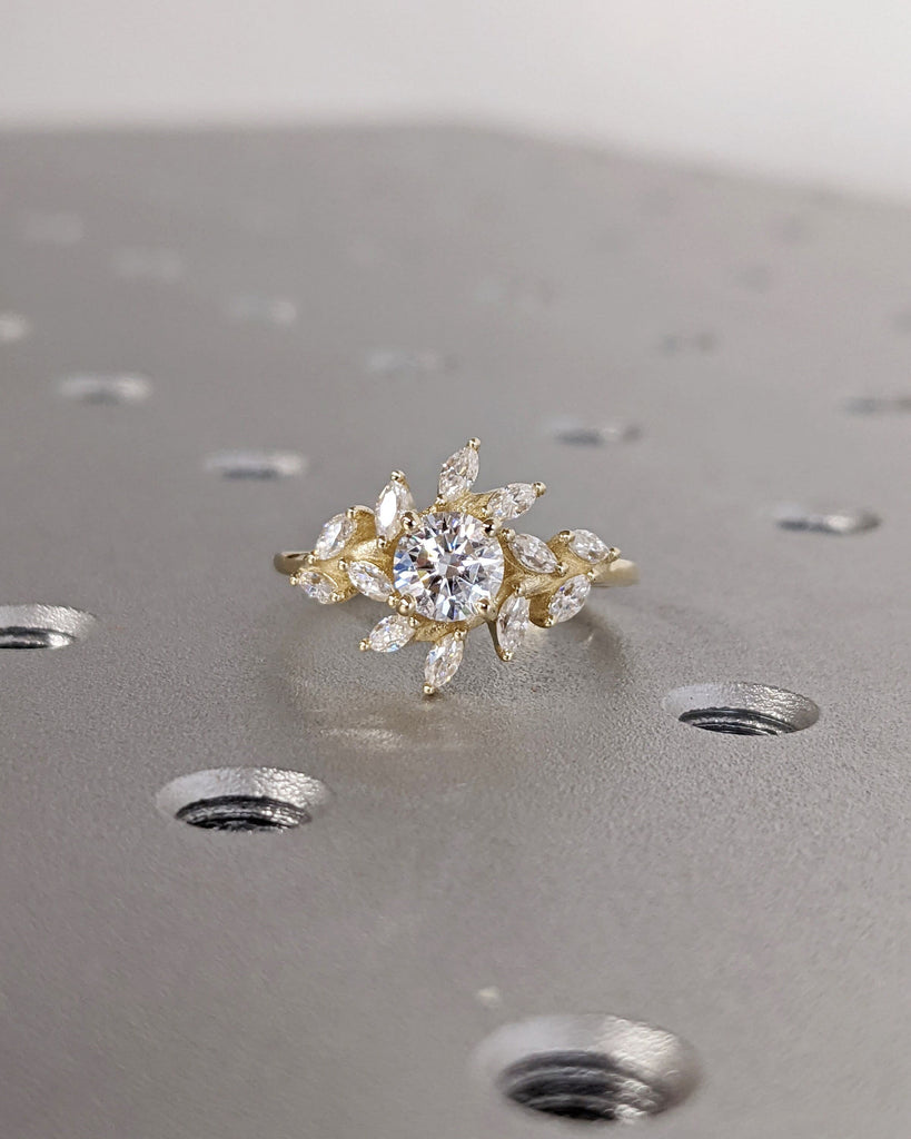 Round Cut Lab Diamond Engagement Ring / Yellow Gold Lab Diamond Cluster Band / Unique Blooming Flower Ring / Nature Themed Anniversary Ring