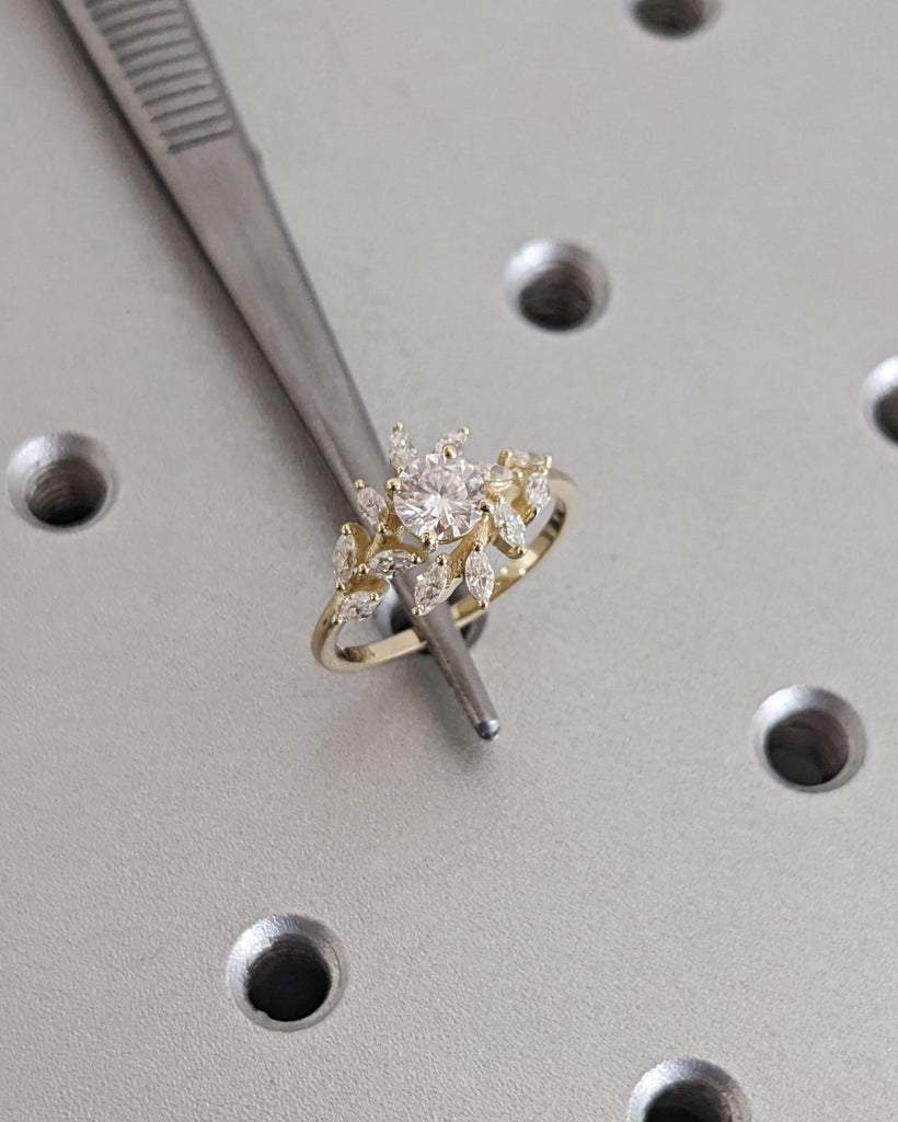 Art Deco Lab Created Diamond Cluster Cocktail Ring | Multi Stone Yellow Gold Wedding Anniversary Ring | Fancy Cut Diamond Engagement Ring