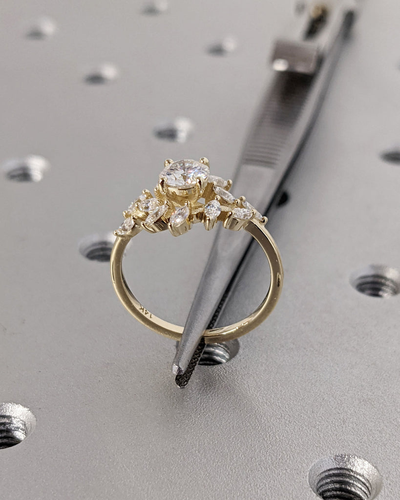 Round Cut Lab Diamond Engagement Ring / Yellow Gold Lab Diamond Cluster Band / Unique Blooming Flower Ring / Nature Themed Anniversary Ring