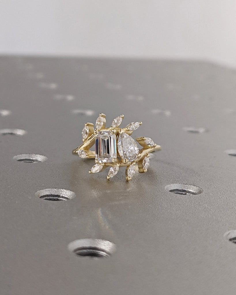 Toi et Moi Ring / Pear and Emerald Cut Moissanite Ring / Two Stone Engagement Ring / Marquise Leaf Cluster Ring / Unique Statement Gold Ring