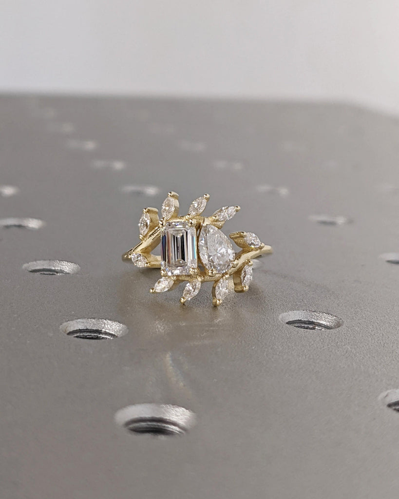 Toi et Moi Ring, Teardrop Pear Emerald Cut Moissanite Ring, Vintage Double Stone Engagement Ring, Flora Leaf Cluster Ring, Custom Women Ring