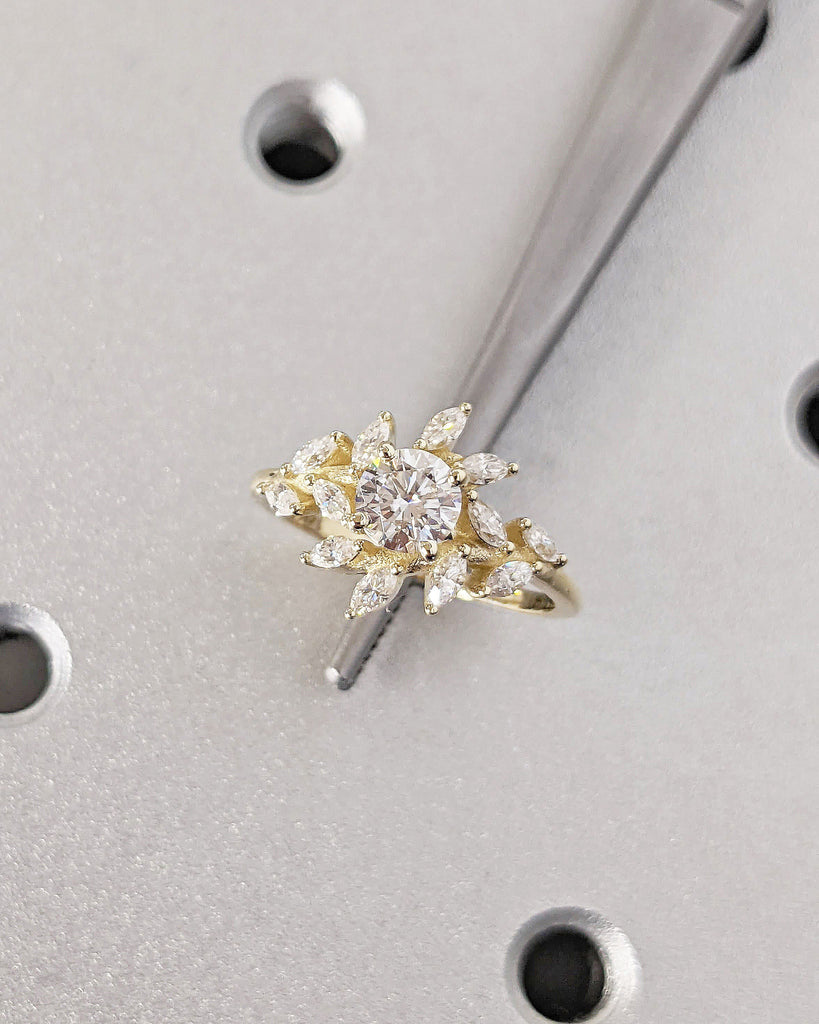 Marquise Round Cut Moissanite Cluster Women Proposal Ring 14K 18K Yellow Gold Wedding Band for Her