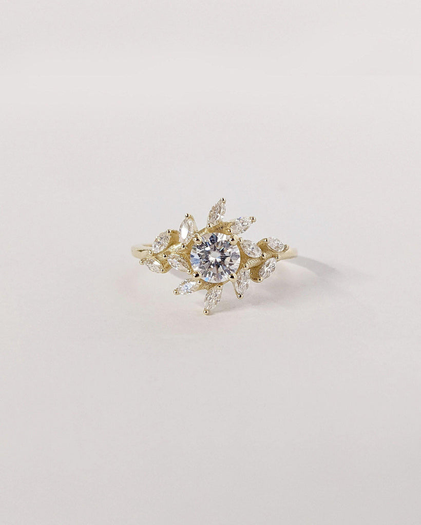 Round, Marquise cut Lab Created Diamond Cluster Commitment Ring 14K 18K Yellow Gold Women Wedding Band Personalized Bridal Statement Jewelry