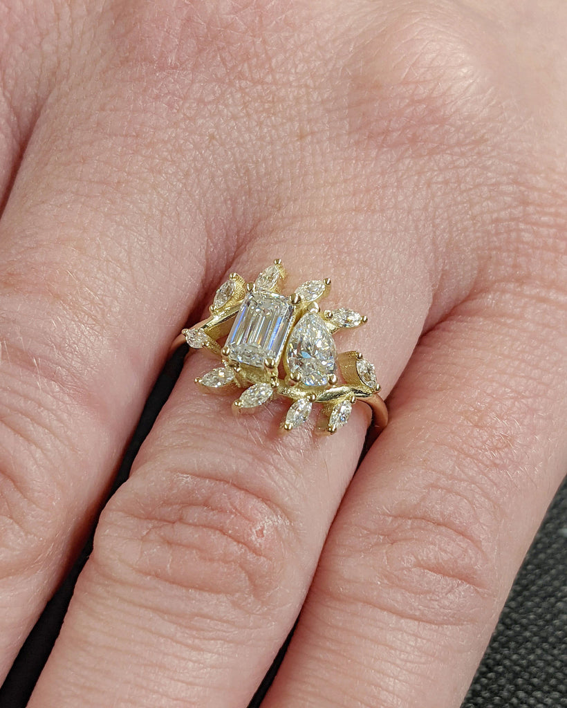 You and Me Double Stone Lab Grown Diamond Engagement Ring | Pear, Emerald cut Cocktail Ring | Trendy Multi Stone Yellow Gold Statement Jewelry