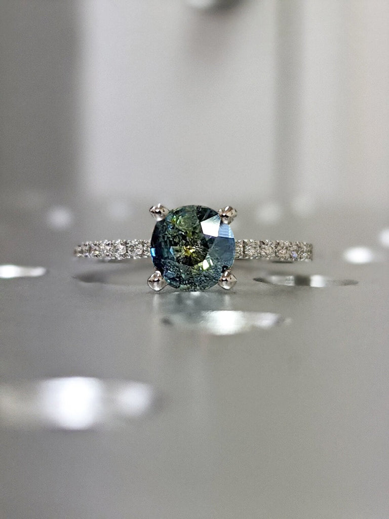 One of a Kind Montana Sapphire Ring, Blue Sapphire Diamond Cluster Ring, Vintage Inspired Blue Sapphire Engagement Ring, 14K Gold Green Teal