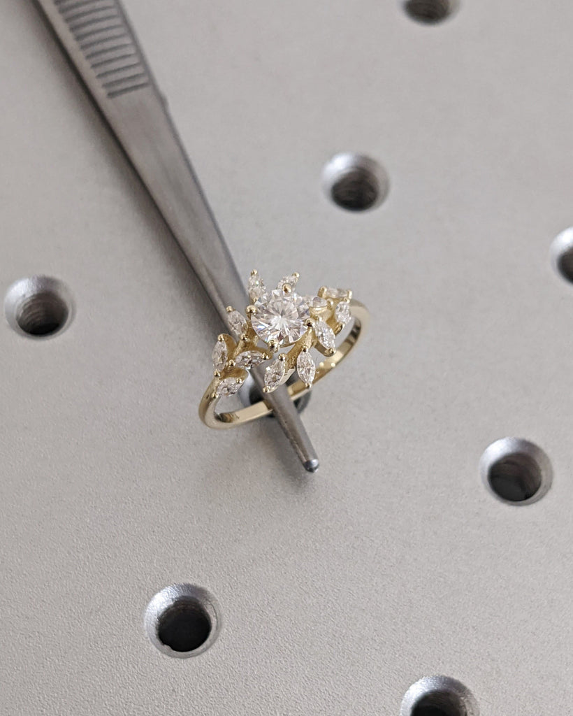 Nature Inspired Moissanite Engagement Ring, Marquise Cluster Band Unique Leaf Floral Ring, 14K Yellow Gold, Art Deco Bridal Anniversary Ring