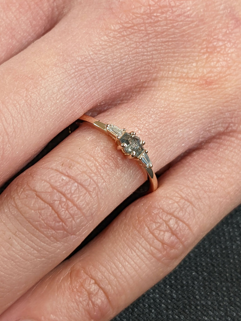 East West Hexagon Salt and Pepper Diamond Proposal Ring | 14K Rose Gold Tapered Baguette Diamond Thin Gold Band | Unique Bridal Gift for Her