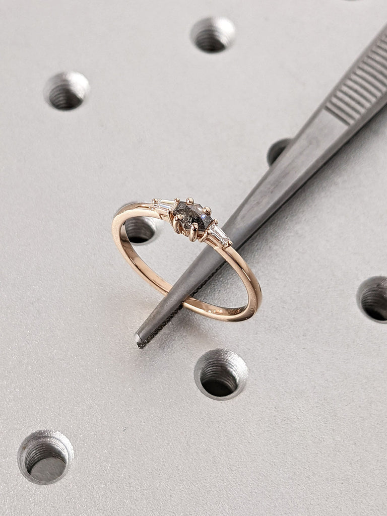 East West Hexagon Salt and Pepper Diamond Proposal Ring | 14K Rose Gold Tapered Baguette Diamond Thin Gold Band | Unique Bridal Gift for Her