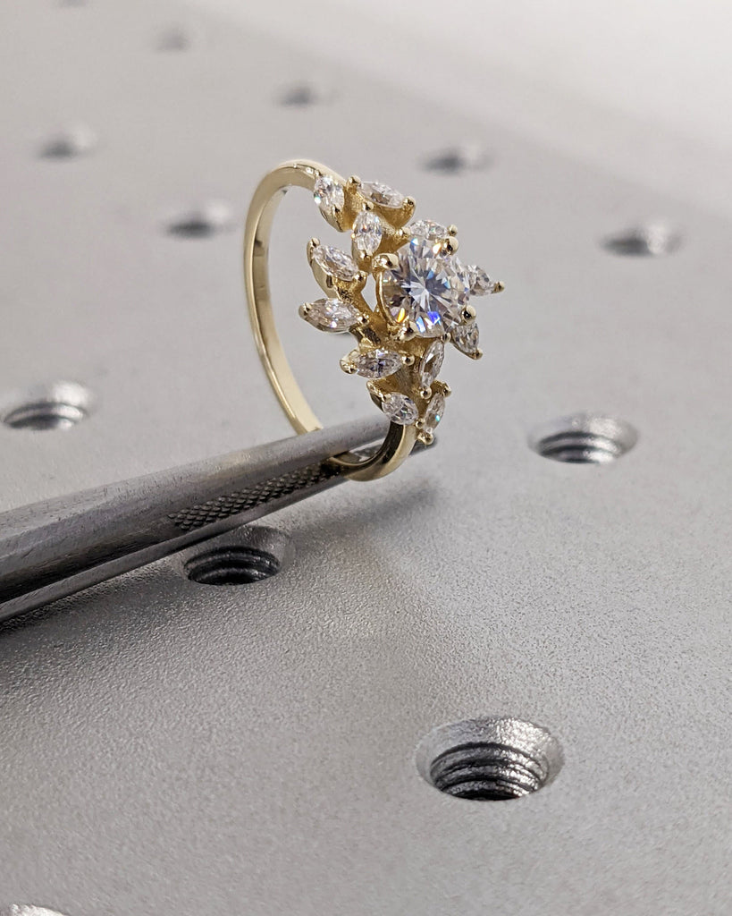 Nature Inspired Moissanite Engagement Ring, Marquise Cluster Band Unique Leaf Floral Ring, 14K Yellow Gold, Art Deco Bridal Anniversary Ring