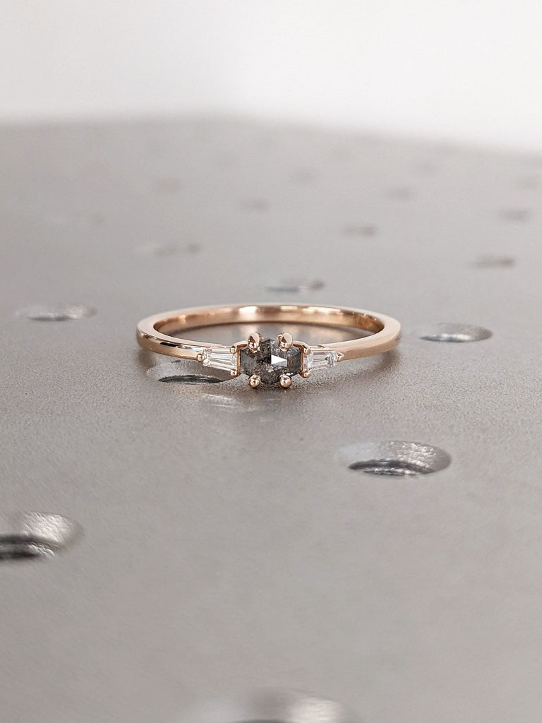 Hexagon Salt and Pepper Diamond East West Engagement Ring 14K Rose Gold Tapered Baguette Moissanite