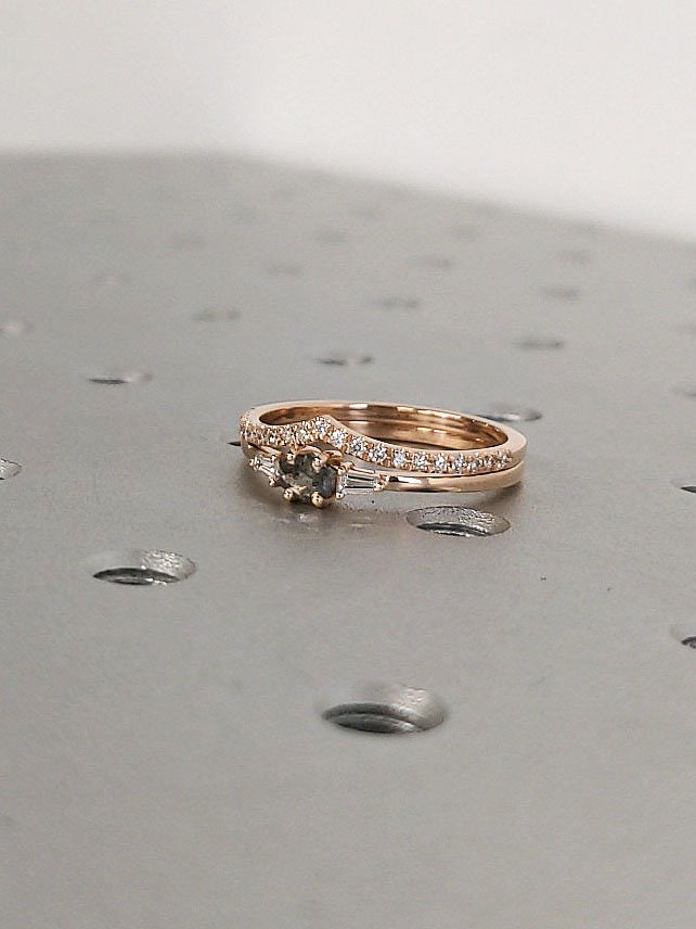 East West Salt and Pepper Diamond Bridal Ring Set 14K Rose Gold Chevron V Shape Matching Diamond Band