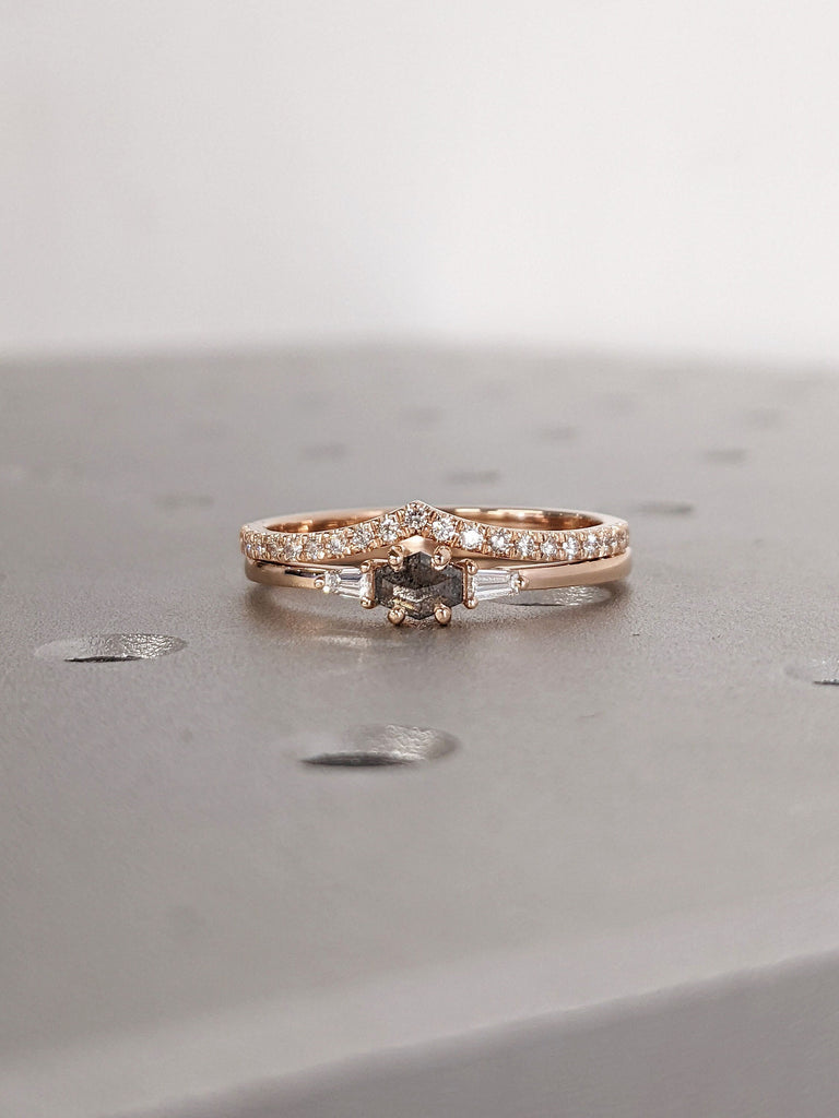 East West Salt and Pepper Diamond Engagement Ring Set 14K Rose Gold Chevron V Shape Matching Moissanite Band