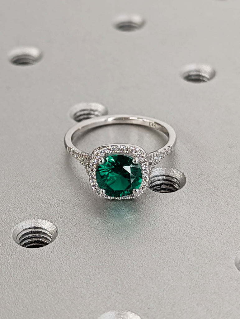 1.5ct Round Lab Emerald Diamond Cushion Halo Statement Cocktail Ring for Her 14k 18k White Gold