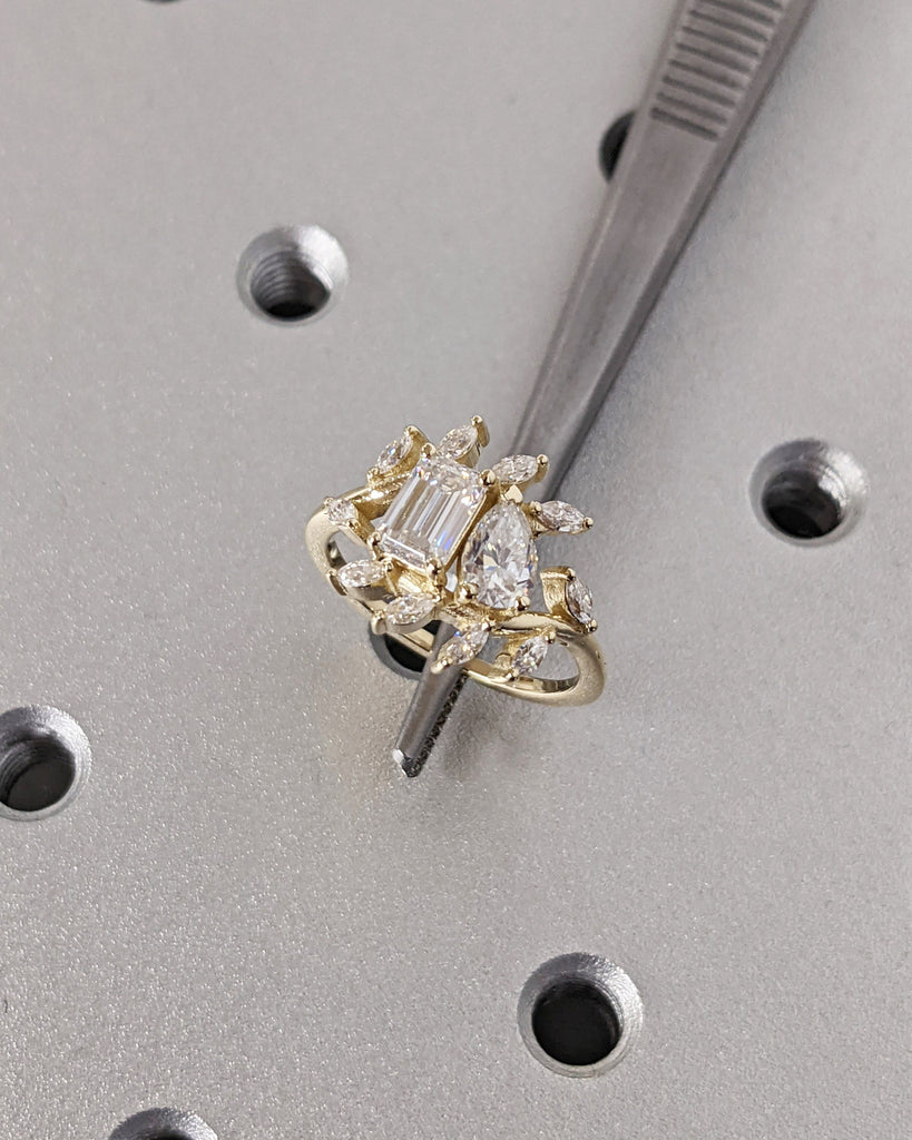 Toi et Moi Ring, Teardrop Pear Emerald Cut Moissanite Ring, Vintage Double Stone Engagement Ring, Flora Leaf Cluster Ring, Custom Women Ring
