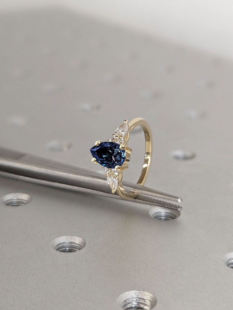 Oval cut Tear Drop Royal Blue Lab Grown Sapphire 14K 18K Yellow Gold Multi Stone Diamond Moissanite Clusters Engagement Cocktail Statement Ring
