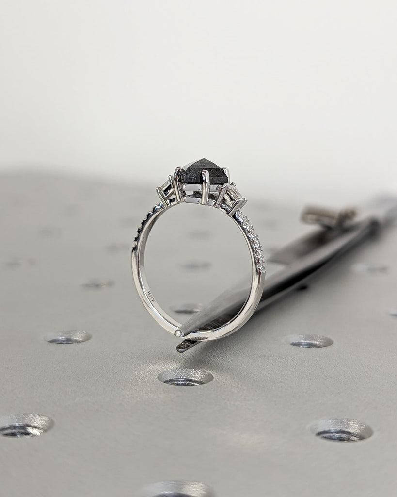 Raw Diamond Kite Baguette Diamond, Salt and Pepper, Unique Engagement Ring, Rose Cut Geometric Diamond Ring, 18k Gold, Custom Crafted Ring