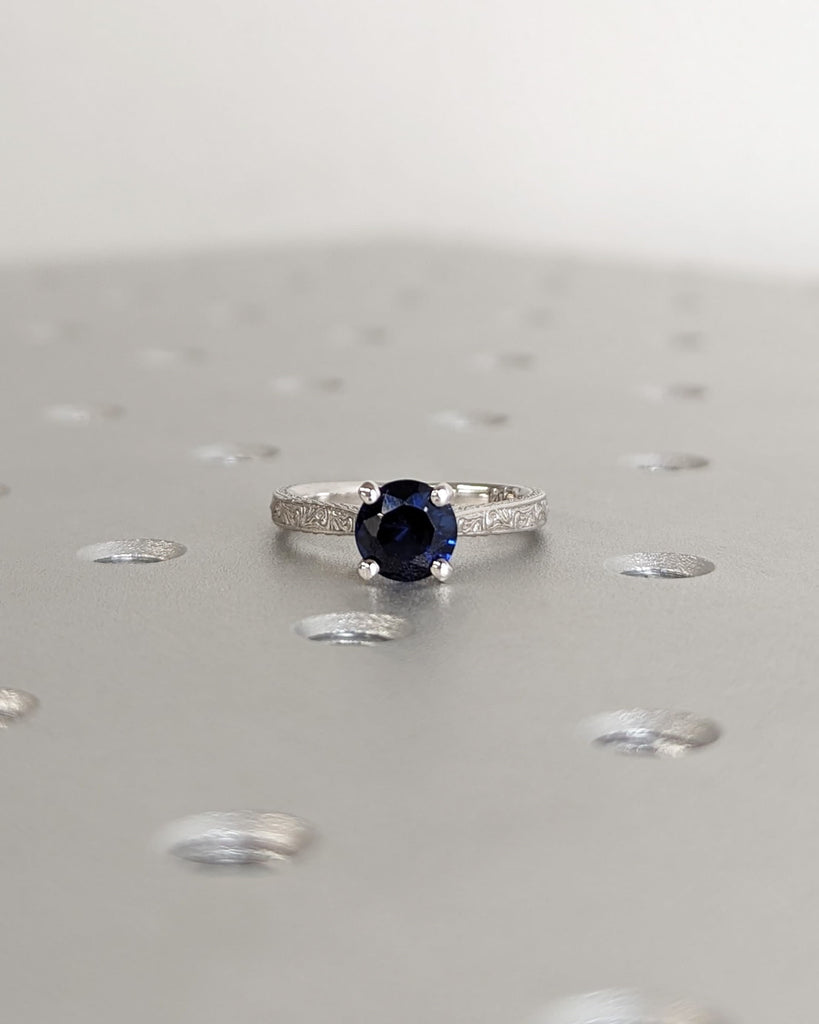 Blue Sapphire Engagement Ring, Vintage Inspired Sapphire Ring, 14K White Gold, Round Lab Created Sapphire Ring, Art Deco Wedding Anniversary