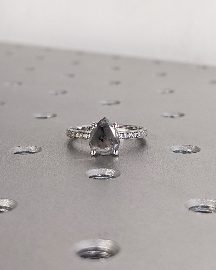 Salt and Pepper Diamond Engagement Ring Vintage Wedding Ring Engraved Ring Unique Rose Gold Filigree Ring Art Deco Wedding Anniversary Ring