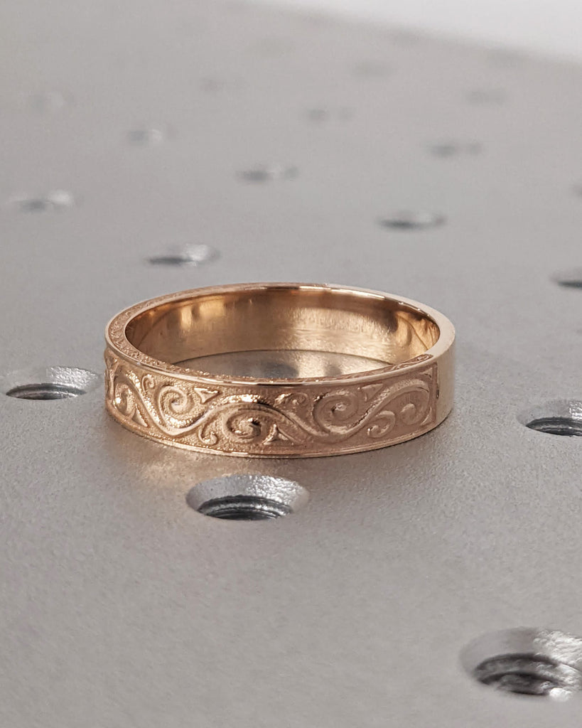 Gold Unique Engraved Wedding Ring, Art Deco Scroll Style Wedding Band, Hand Carved Men's Gold Ring New Vintage 5mm Flat Wedding Ring for Him