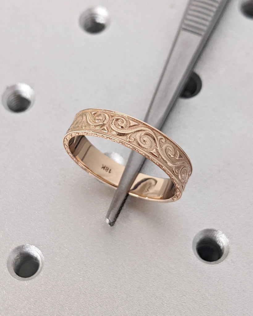 Gold Unique Engraved Wedding Ring, Art Deco Scroll Style Wedding Band, Hand Carved Men's Gold Ring New Vintage 5mm Flat Wedding Ring for Him