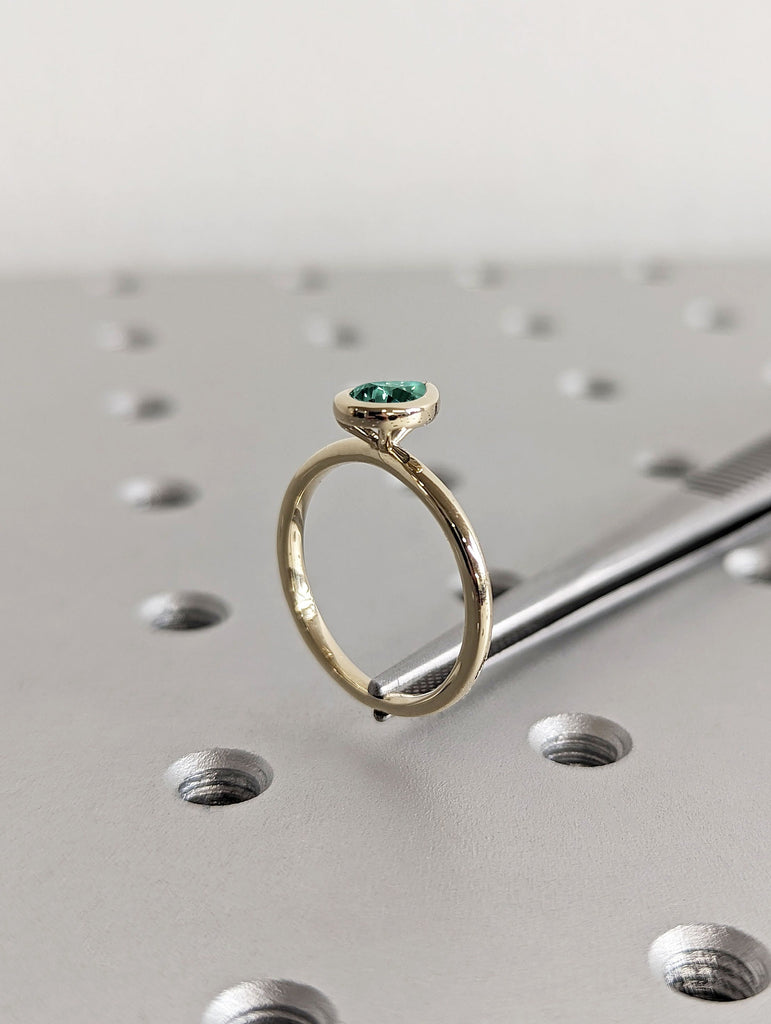 Minimalist Pear cut Lab Emerald Solitaire 14K Yellow Gold Promise Ring