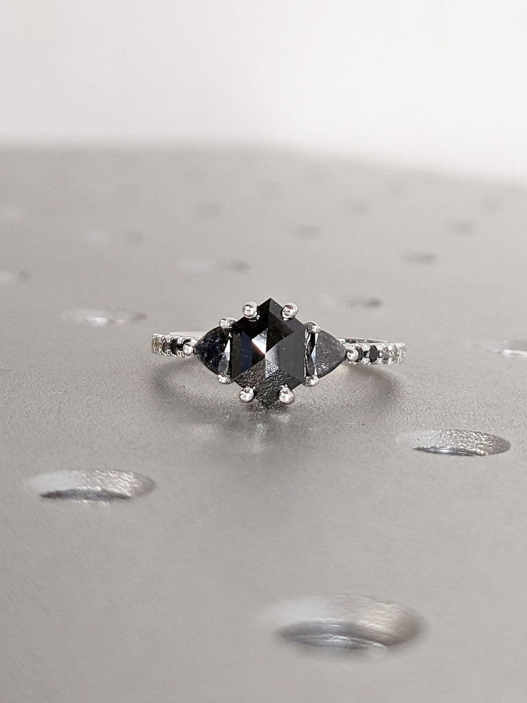 0.75ct Hexagon cut Salt and Pepper Diamond Engagement Ring 14K 18K White Gold band for Her