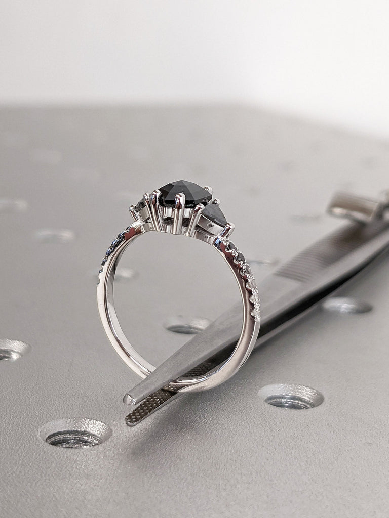 Hexagon, Triangle Salt and Pepper Diamond 3 Stone Proposal Ring White Gold Women Wedding Band