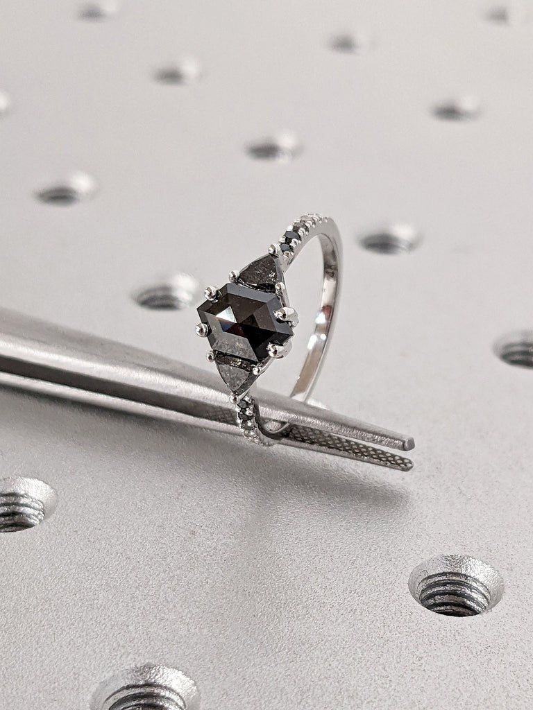 Hexagon Rose, Triangle cut Salt and Pepper Galaxy Diamond Wedding Engagement Cocktail Ring for Her White Gold Platinum