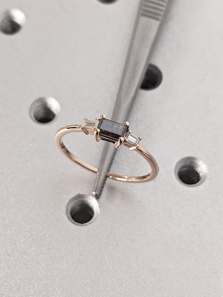 Salt and Pepper Diamond Tapered Baguette cut Rose Gold Women Engagment Ring