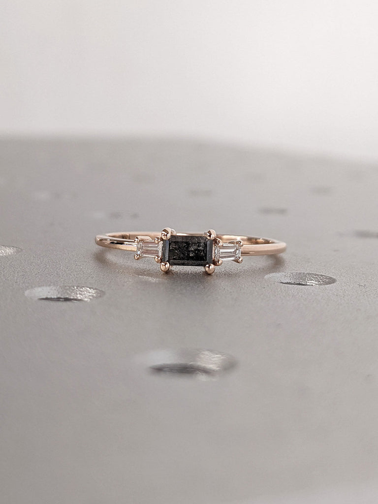14K 18K Rose Gold Salt and Pepper Tapered Baguette Diamond Proposal Ring for Her