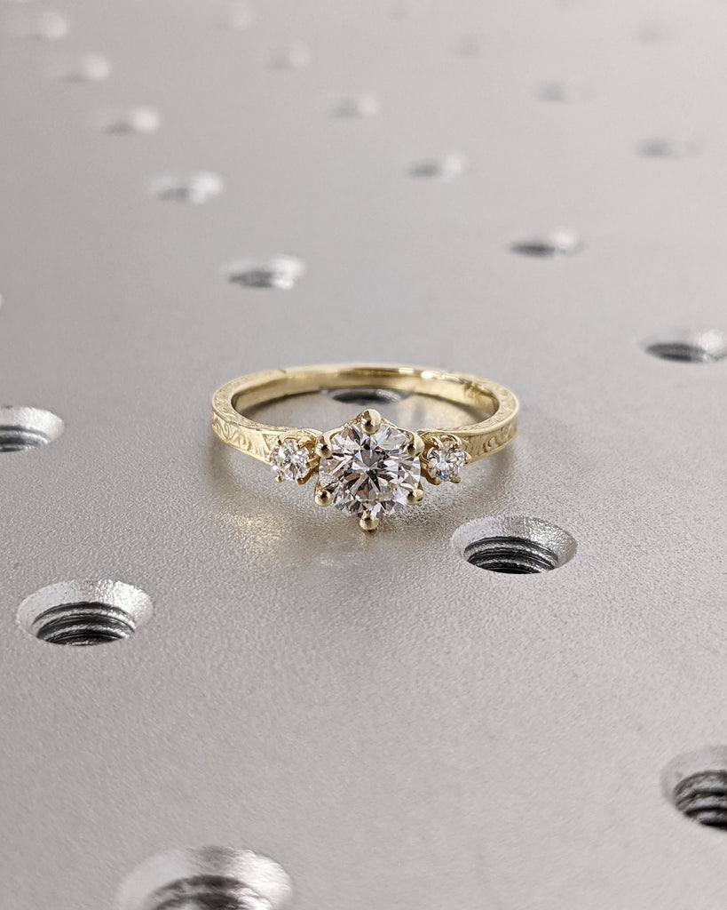 Lab Grown Diamond 14k Real Gold Moissanite Diamonds Dainty Round 3 Stone Engagement Ring, Cluster Ring, Filigree Band, Hand Carved, Trellis