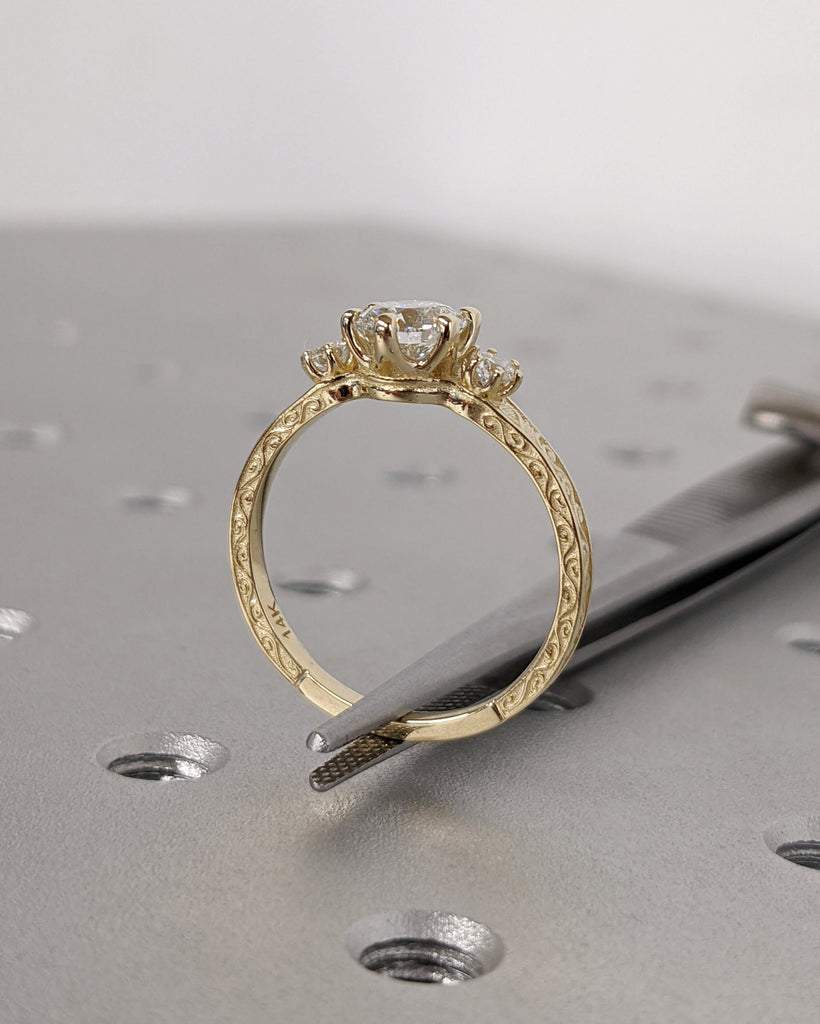 Lab Grown Diamond 14k Real Gold Moissanite Diamonds Dainty Round 3 Stone Engagement Ring, Cluster Ring, Filigree Band, Hand Carved, Trellis