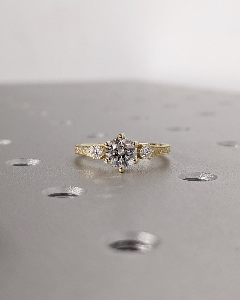 Lab Grown Diamond 14k Real Gold Moissanite Diamonds Dainty Round 3 Stone Engagement Ring, Cluster Ring, Filigree Band, Hand Carved, Trellis