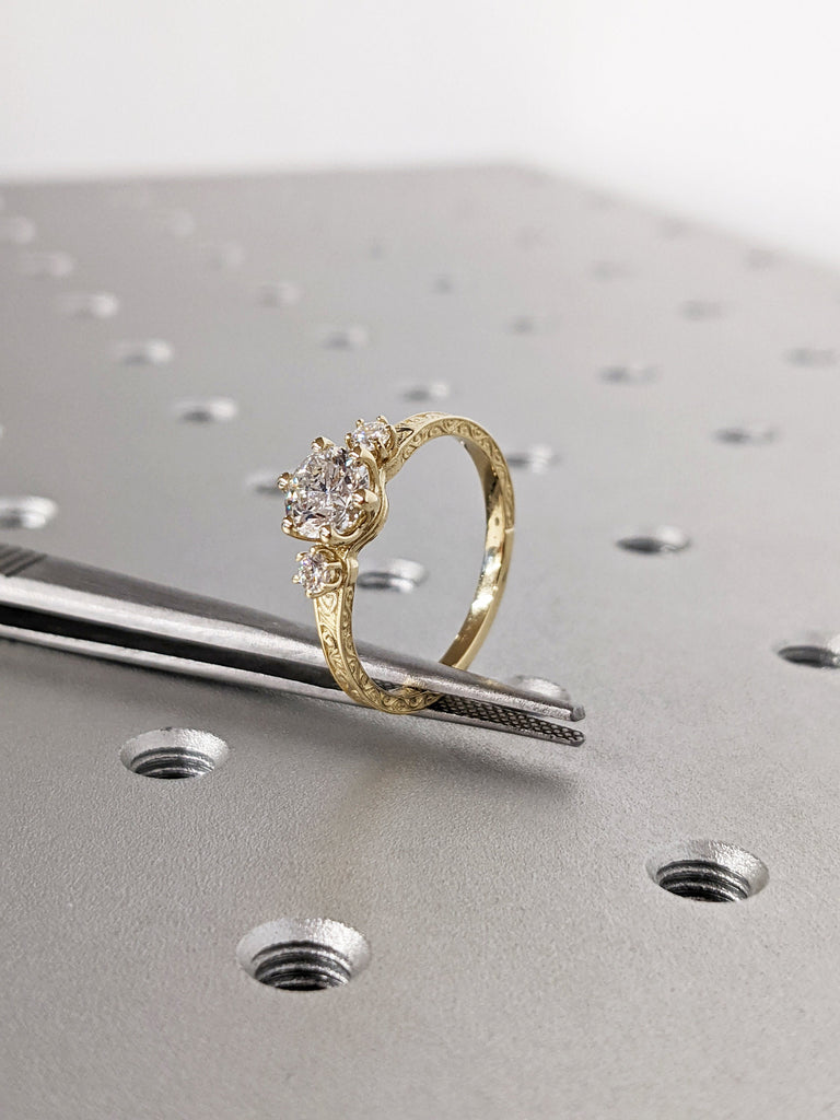 Lab Grown Diamond 14k Real Gold Moissanite Diamonds Dainty Round 3 Stone Engagement Ring, Cluster Ring, Filigree Band, Hand Carved, Trellis