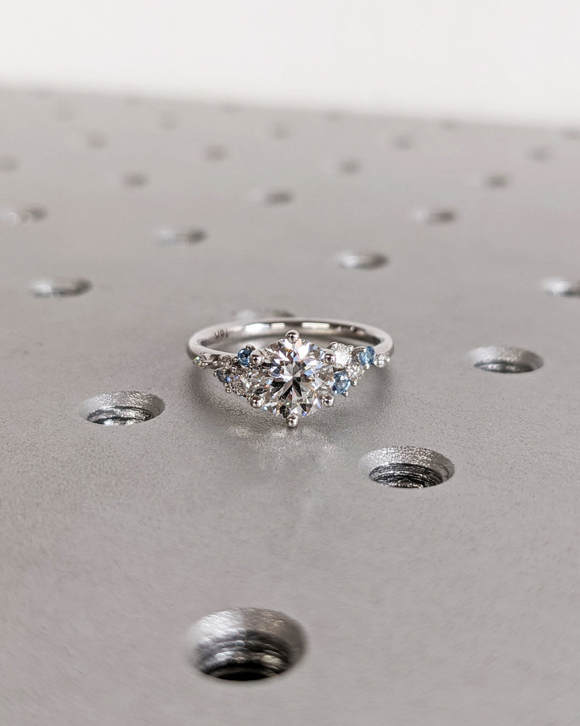 Round Lab Grown Diamond 18K White Gold Engagement Ring | Unique Snowdrift 6 Prong | Diamond Aquamarine Cluster Promise Ring | Art Deco Ring