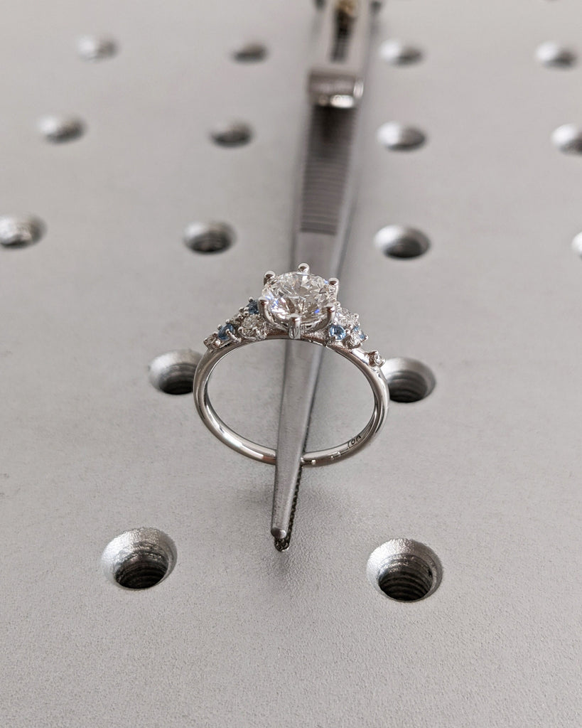 Round Lab Grown Diamond 18K White Gold Engagement Ring | Unique Snowdrift 6 Prong | Diamond Aquamarine Cluster Promise Ring | Art Deco Ring