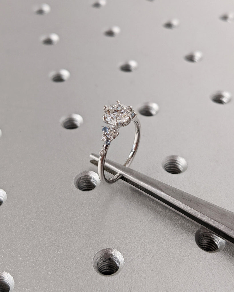 Round Lab Grown Diamond 18K White Gold Engagement Ring | Unique Snowdrift 6 Prong | Diamond Aquamarine Cluster Promise Ring | Art Deco Ring