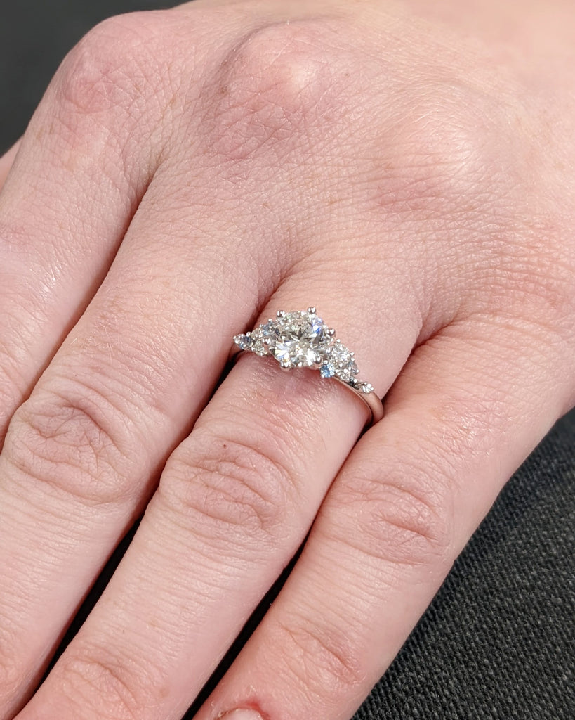 Round Lab Grown Diamond 18K White Gold Engagement Ring | Unique Snowdrift 6 Prong | Diamond Aquamarine Cluster Promise Ring | Art Deco Ring